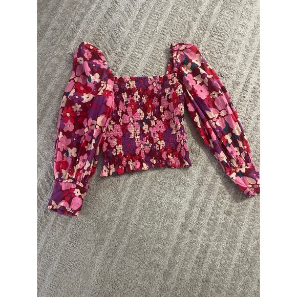 NWT Free People Ariana Pink Floral Cotton Smocked Crop Long Sleeve Top Small - Picture 3 of 12